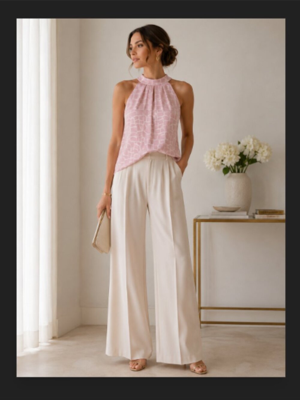 White House Black Market Light Pink Sleeveless Blouse Dressy Flowy Halter 12